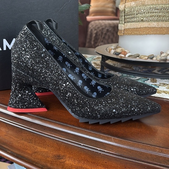 Brand New Lamoda My Love Glitter Heels Pointed Toe Heart Shaped Block Heels - Picture 6 of 16